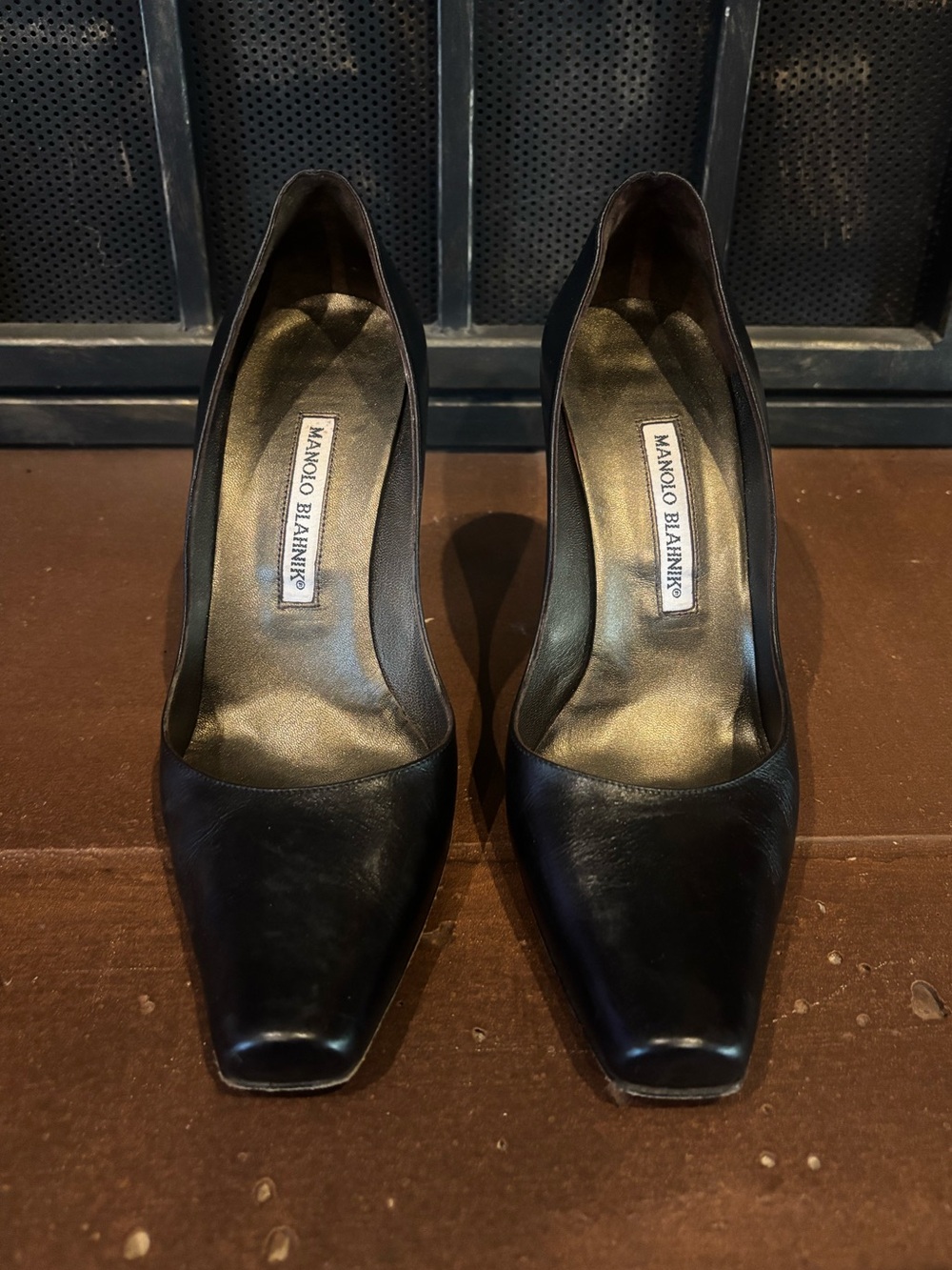 Manolo Blahnik Black Leather Square-Toe Heels - Picture 2 of 6